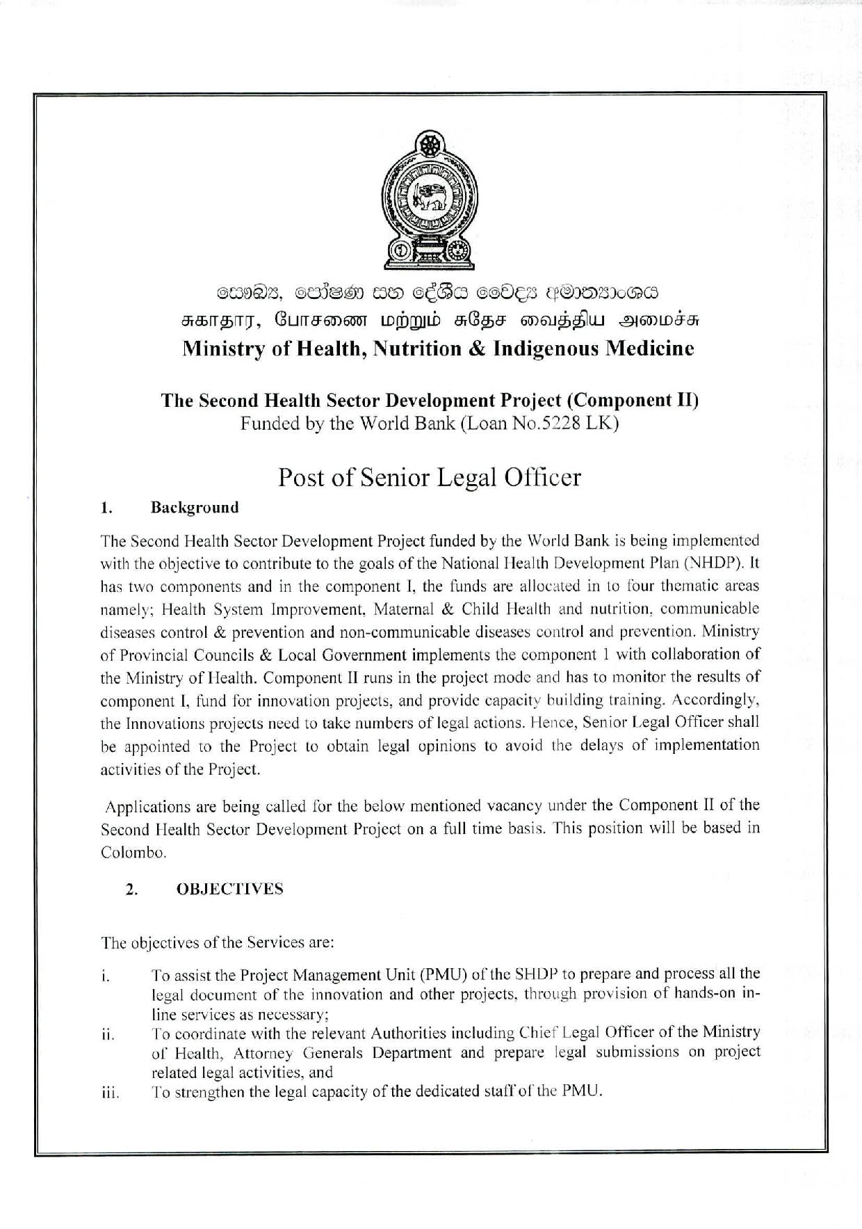 Senior Legal Officer - Ministry of Health, Nutrition & Indigenous Medicine